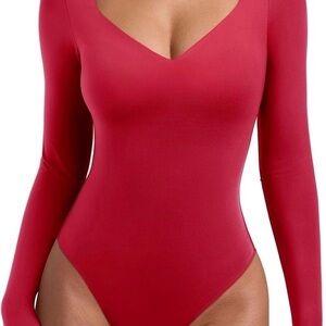 REORIA Long Sleeve Women's Bodysuits square V Neck Sexy Slimming Shirt Red S/M